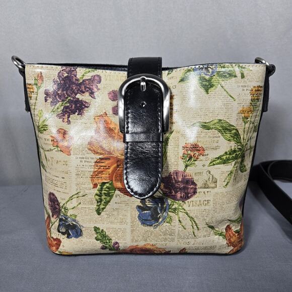 Patricia Nash Leather Crossbody Bag Floral Newspaper Print Buckle Front Zip - Picture 2 of 13